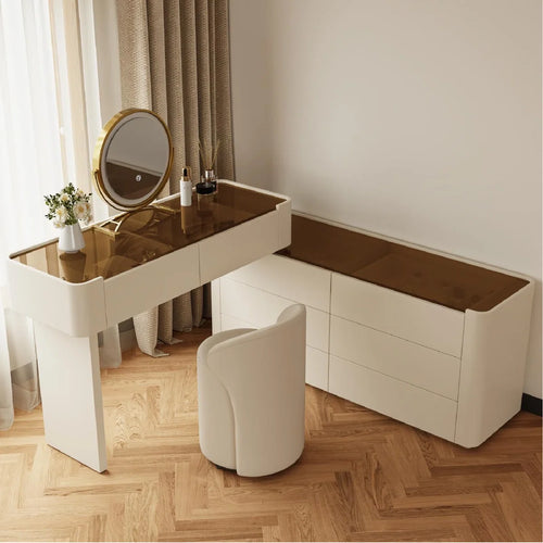 Modern Glass Top Vanity Table Set with Stool   Wooden Bazar