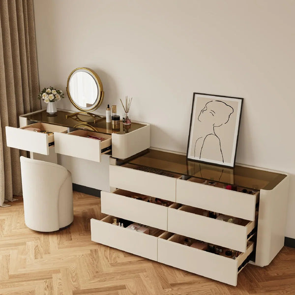 Modern Glass Top Vanity Table Set with Stool   Wooden Bazar
