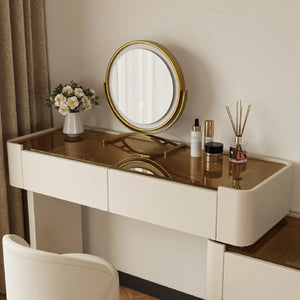 Modern Glass Top Vanity Table Set with Stool   Wooden Bazar
