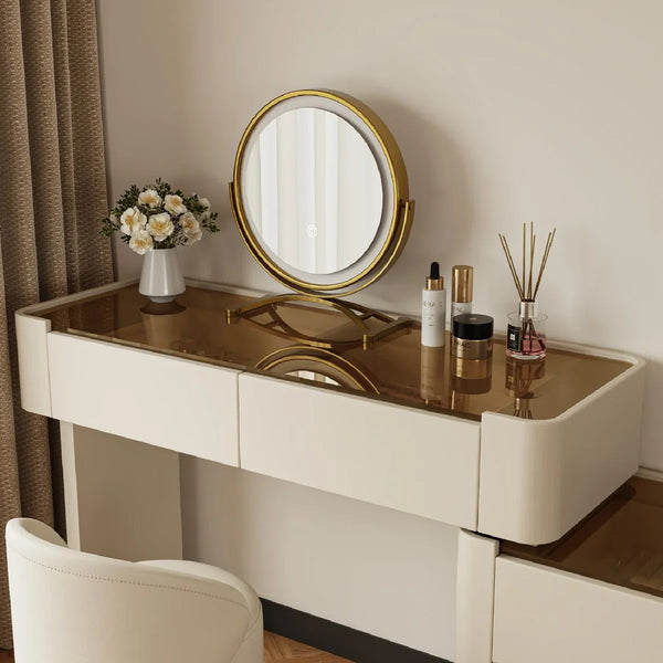 Modern Glass Top Vanity Table Set with Stool   Wooden Bazar