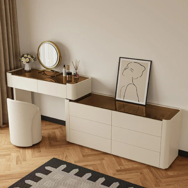 Modern Glass Top Vanity Table Set with Stool   Wooden Bazar