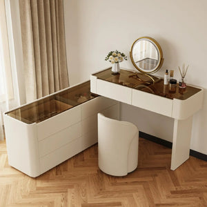 Modern Glass Top Vanity Table Set with Stool   Wooden Bazar