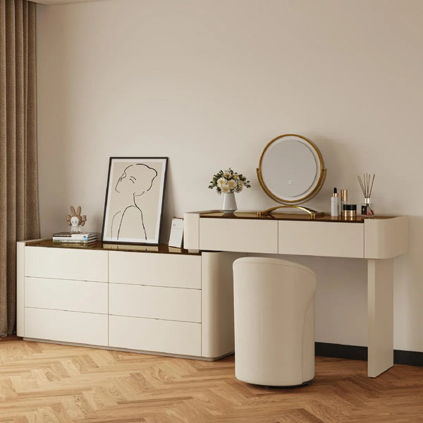 Modern Glass Top Vanity Table Set with Stool   Wooden Bazar