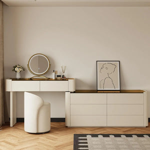 Modern Glass Top Vanity Table Set with Stool   Wooden Bazar