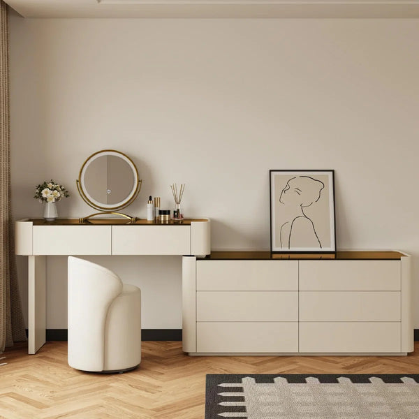 Modern Glass Top Vanity Table Set with Stool   Wooden Bazar