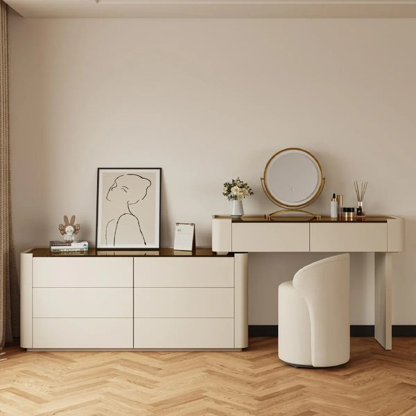 Modern Glass Top Vanity Table Set with Stool   Wooden Bazar