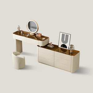 Modern Glass Top Vanity Table Set with Stool   Wooden Bazar