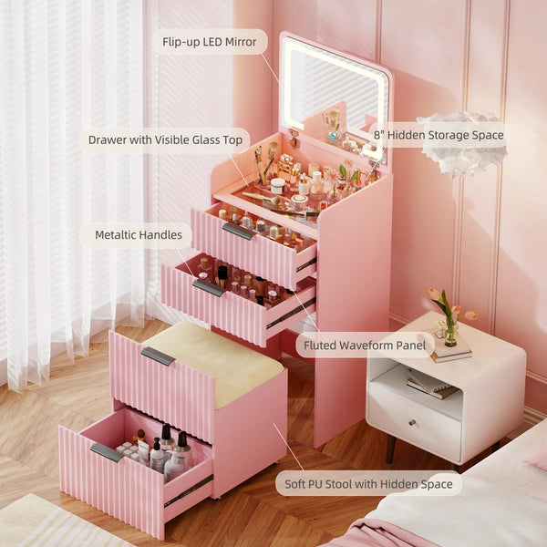 Morico Flip-Top Vanity Set with LED Mirror  Wooden Bazar