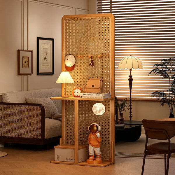 Mid-Century Natural Wood Rattan Room Divider with Double Storage Shelves  Wooden Bazar