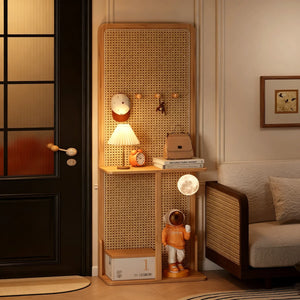 Mid-Century Natural Wood Rattan Room Divider with Double Storage Shelves  Wooden Bazar