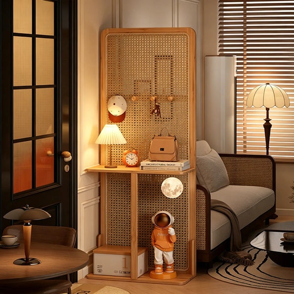 Mid-Century Natural Wood Rattan Room Divider with Double Storage Shelves  Wooden Bazar