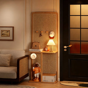 Mid-Century Natural Wood Rattan Room Divider with Double Storage Shelves  Wooden Bazar