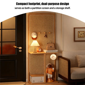 Mid-Century Natural Wood Rattan Room Divider with Double Storage Shelves  Wooden Bazar