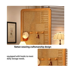Mid-Century Natural Wood Rattan Room Divider with Double Storage Shelves  Wooden Bazar