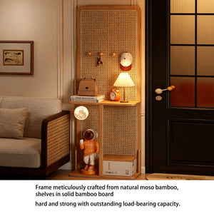 Mid-Century Natural Wood Rattan Room Divider with Double Storage Shelves  Wooden Bazar