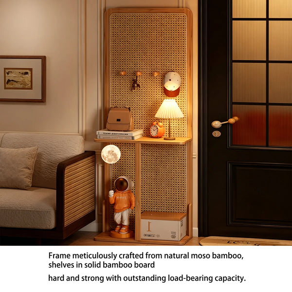 Mid-Century Natural Wood Rattan Room Divider with Double Storage Shelves  Wooden Bazar