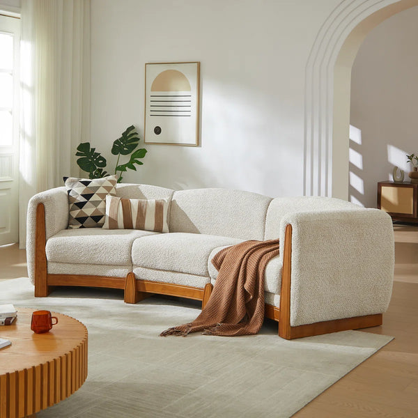 Noura 3-seater Modern Organic Curved Bouclé Upholstered Sofa with Solid Wood Frame  Wooden Bazar