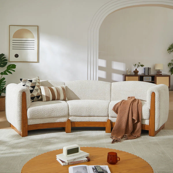 Noura 3-seater Modern Organic Curved Bouclé Upholstered Sofa with Solid Wood Frame  Wooden Bazar