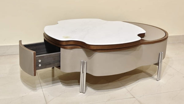 Modern Storage Coffee Table with Marble-Finish Top & Wooden Accents