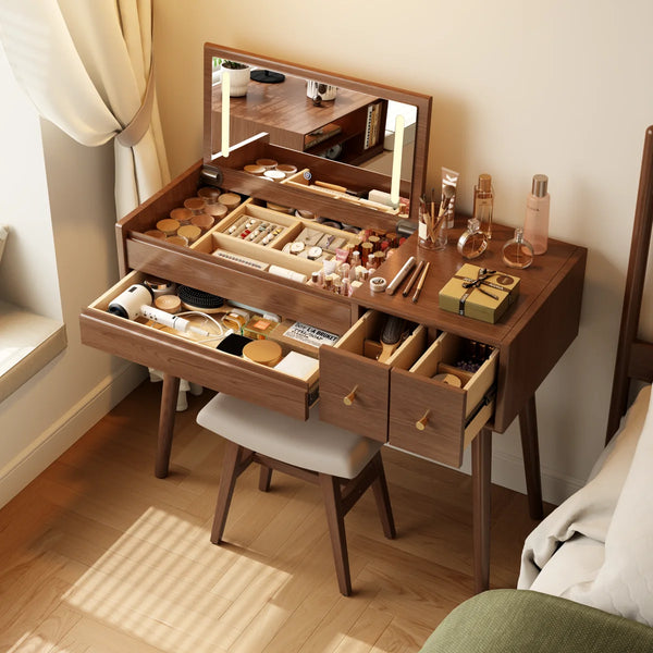 Oliver Solid Wood Makeup Vanity with Flip Mirror and Lighting Modes  Wooden Bazar