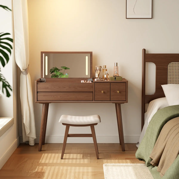 Oliver Solid Wood Makeup Vanity with Flip Mirror and Lighting Modes  Wooden Bazar