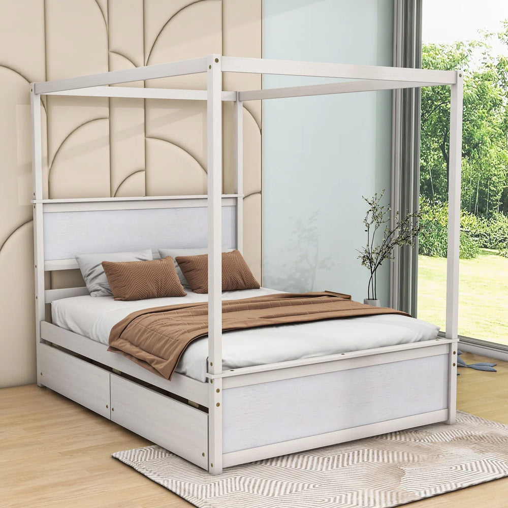 Full Size 2 Drawers Wooden Canopy Platform Bed