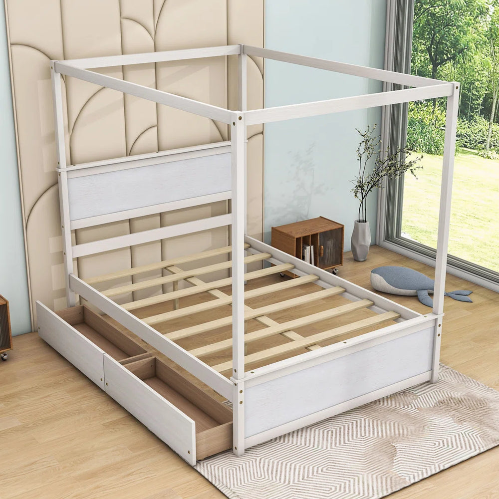Full Size 2 Drawers Wooden Canopy Platform Bed