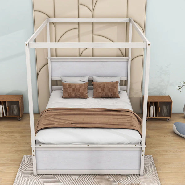 Full Size 2 Drawers Wooden Canopy Platform Bed