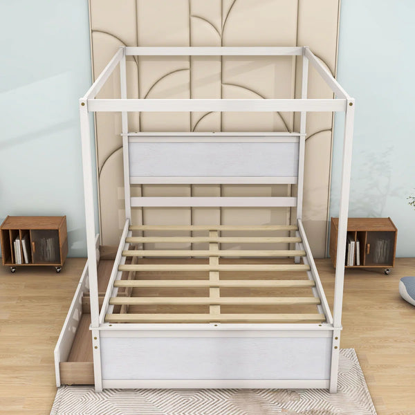 Full Size 2 Drawers Wooden Canopy Platform Bed
