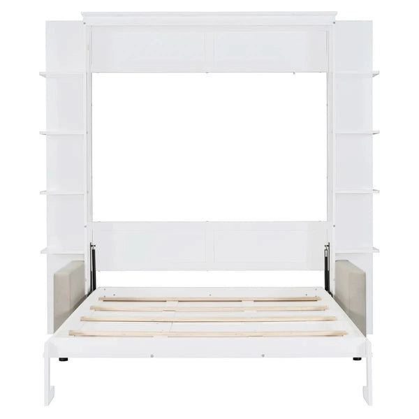 Linek Queen Size Murphy Bed Wall Bed with White Sofa - Wooden Bazar