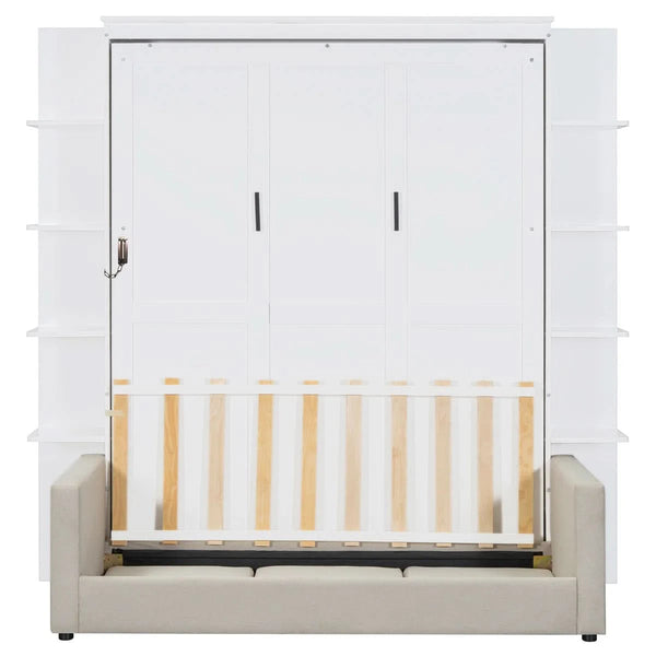 Linek Queen Size Murphy Bed Wall Bed with White Sofa - Wooden Bazar