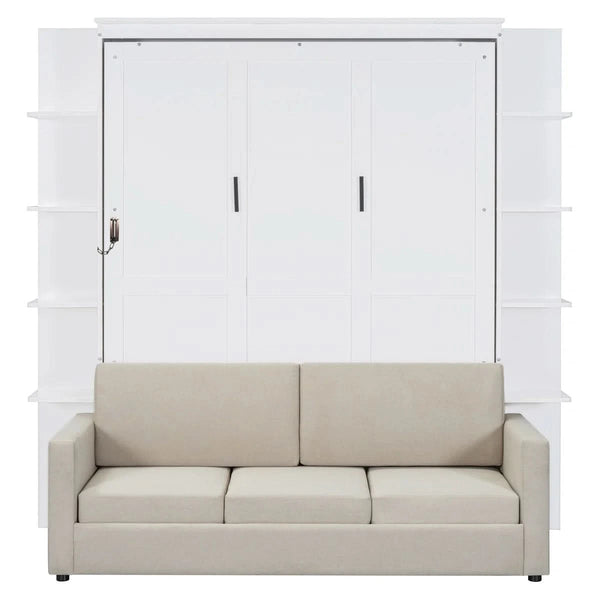 Linek Queen Size Murphy Bed Wall Bed with White Sofa - Wooden Bazar