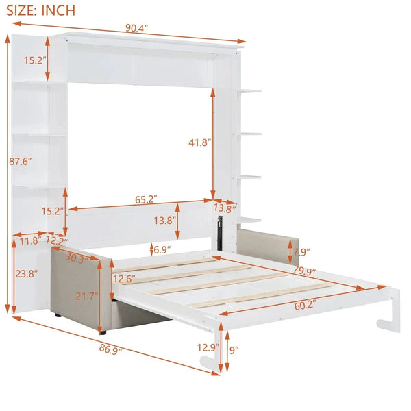 Linek Queen Size Murphy Bed Wall Bed with White Sofa - Wooden Bazar
