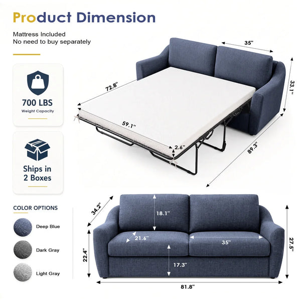 Queen Size Pull Out Sleeper Sofa Bed with Memory Foam Mattress, Convertible Sofa Couch for Living Room, Guest Room & Small Space  Wooden Bazar