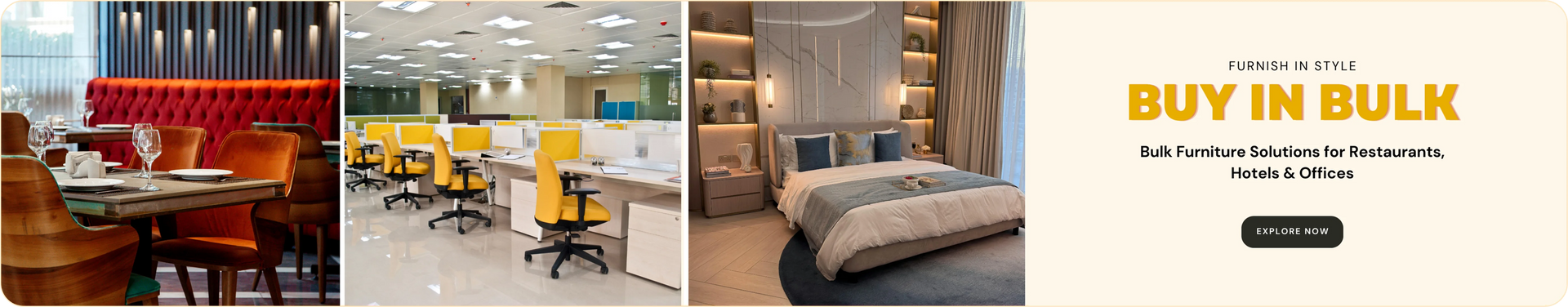 Collage of furniture images including a restaurant setting, office setup, and bedroom decor