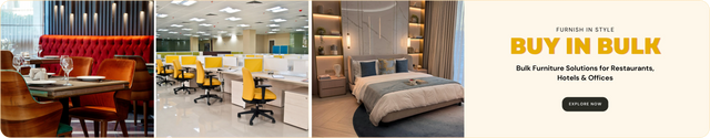 Collage of furniture images including a restaurant setting, office setup, and bedroom decor
