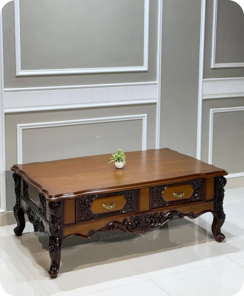 Wooden coffee table with decorative carvings
