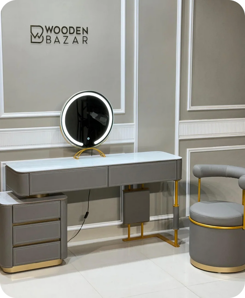 Gray vanity desk with round mirror and chair from Wooden Bazar
