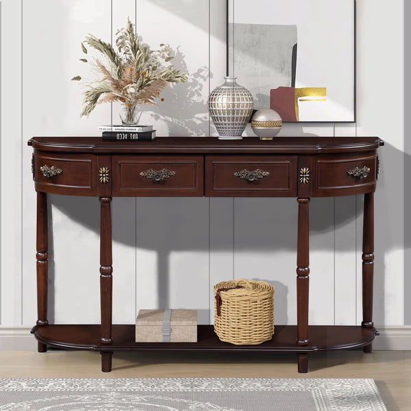 Retro Curved Wood Console Table with 2 Drawers & Open Shelf, 52-Inch Half-Moon Entryway Table in Cherry Finish  Wooden Bazar
