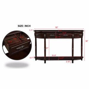 Retro Curved Wood Console Table with 2 Drawers & Open Shelf, 52-Inch Half-Moon Entryway Table in Cherry Finish  Wooden Bazar