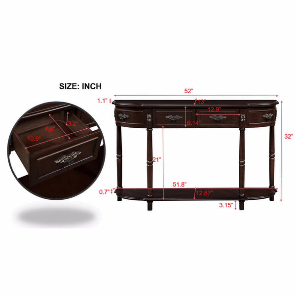 Retro Curved Wood Console Table with 2 Drawers & Open Shelf, 52-Inch Half-Moon Entryway Table in Cherry Finish  Wooden Bazar