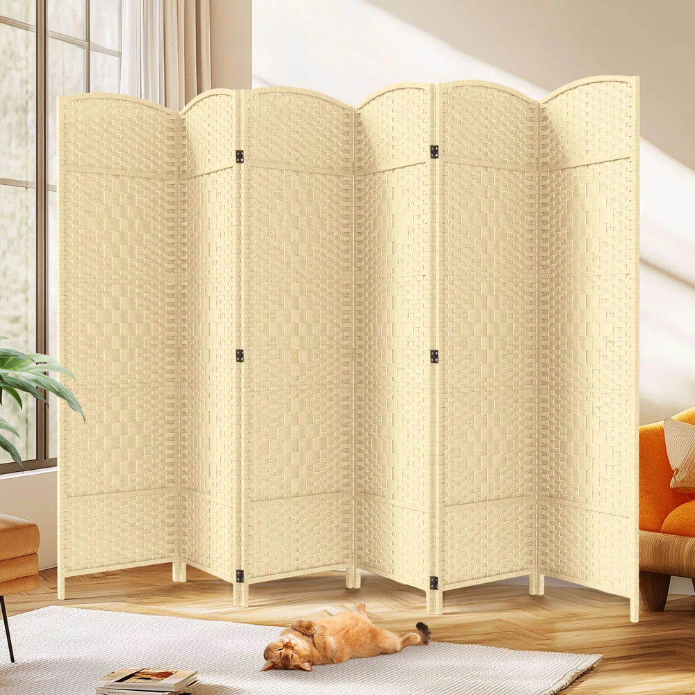 Folding Room Divider, Wide Freestanding Privacy Screen in Mocha  Wooden Bazar