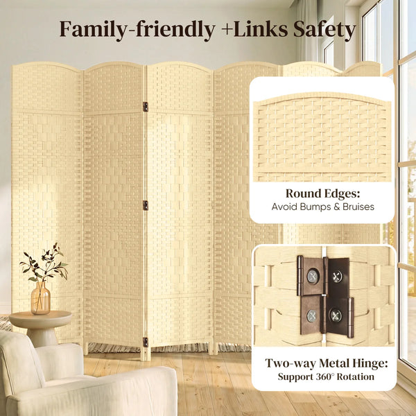 Folding Room Divider, Wide Freestanding Privacy Screen in Mocha  Wooden Bazar