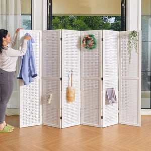 Wooden Folding Room Divider with Pegboard Display   Wooden Bazar