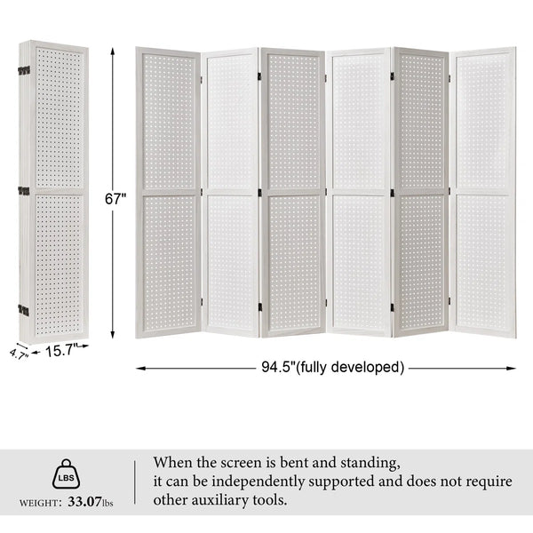Wooden Folding Room Divider with Pegboard Display   Wooden Bazar