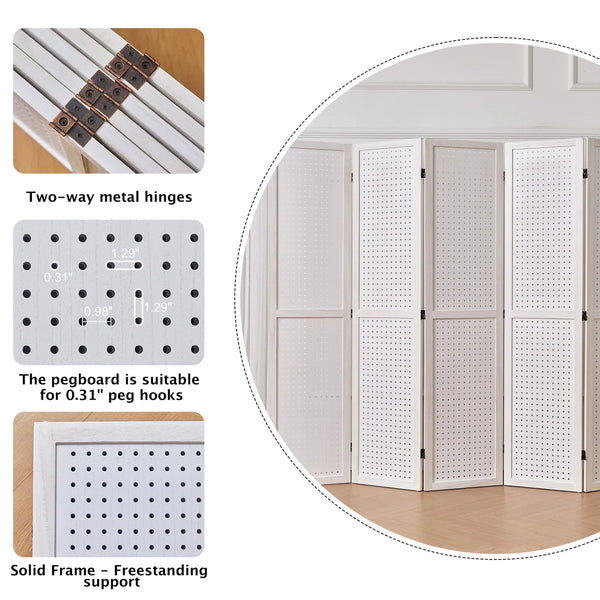 Wooden Folding Room Divider with Pegboard Display   Wooden Bazar