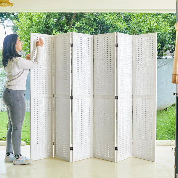 Wooden Folding Room Divider with Pegboard Display   Wooden Bazar