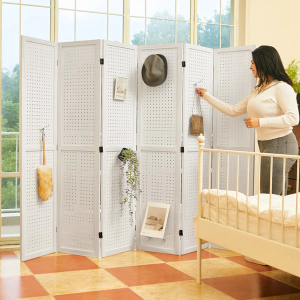 Wooden Folding Room Divider with Pegboard Display   Wooden Bazar