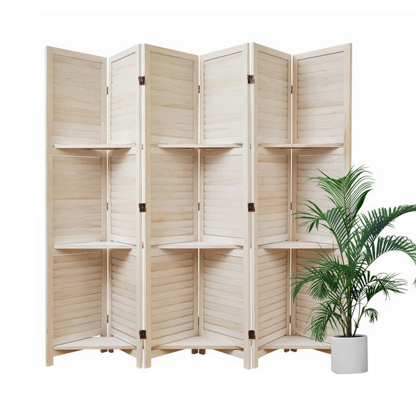 Folding Wooden Room Divider with Shelves and Double Hinges  Wooden Bazar