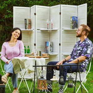 Folding Wooden Room Divider with Shelves and Double Hinges  Wooden Bazar